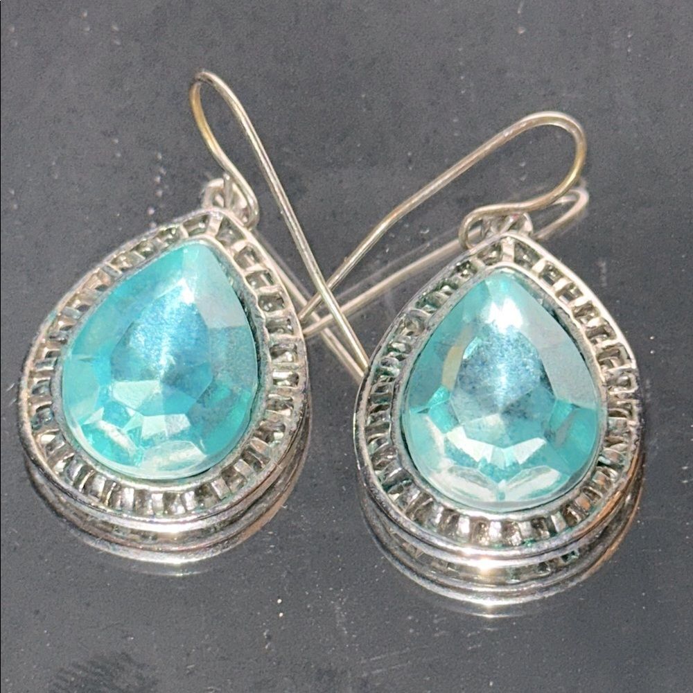 Silver Tone and Light Blue Faceted Stone Teardrop Wire‎ Earrings